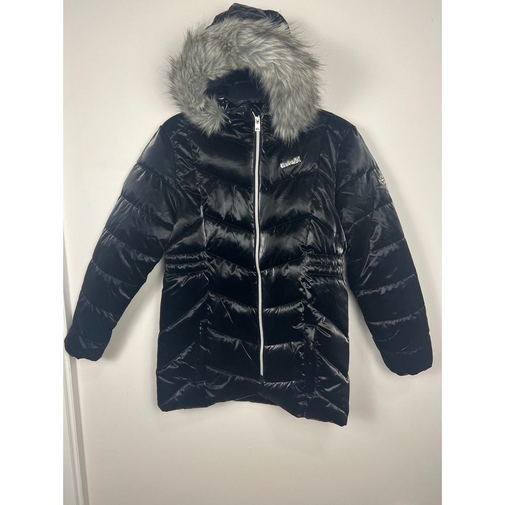 Hurley Womens Black Shiny Puffer Jacket Faux Fur Hood Chevron Quilted Parka Coat